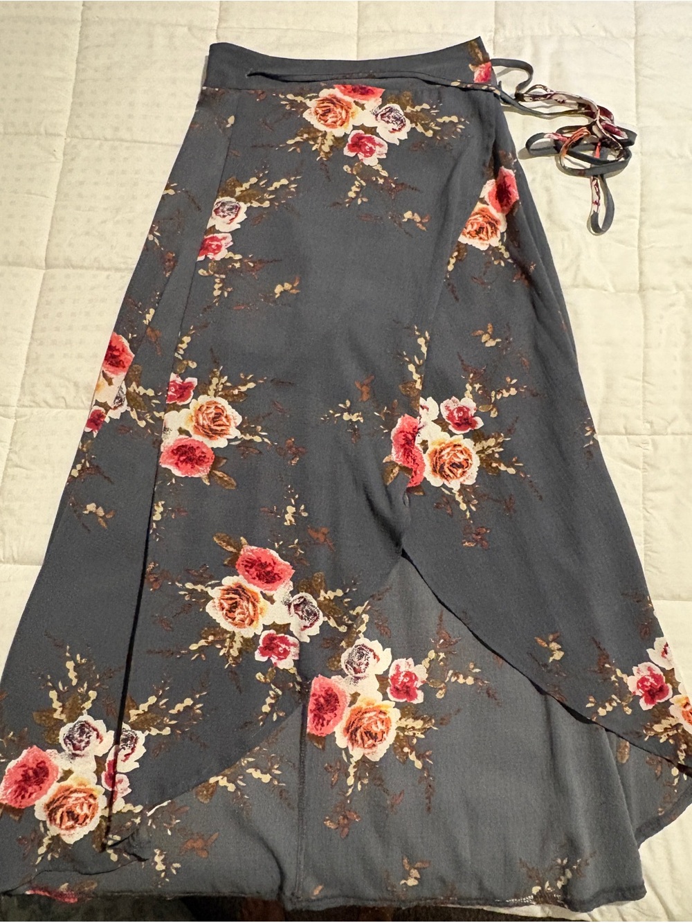 Floral Wrap Maxi Skirt - Dark Gray with Pink Rose Print